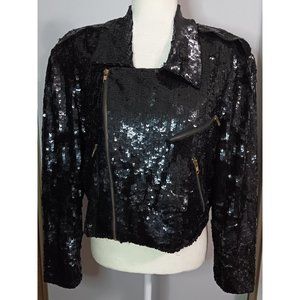 Modi Large 10-12 Black Sequin Vintage 80s Biker Rock Punk Retro Zip Jacket